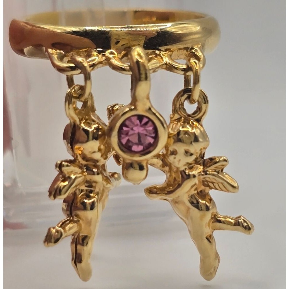 Gold Cherb Pink Tourmaline Dangle Vintage Ring Stamped S7 Size 6